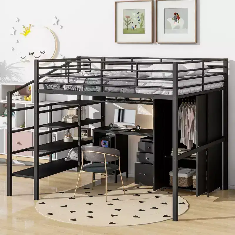 Full Size Loft Bed with Desk, Industrial Metal Loft Bed with Wardrobe and Cabinet and Stairs for Small Space, Black