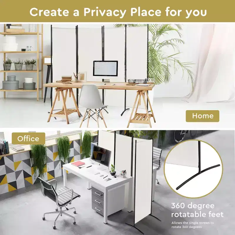 4-Panel 5.6ft Room Divider Folding Fabric Privacy Screen with Steel Frame White/Black/Brown