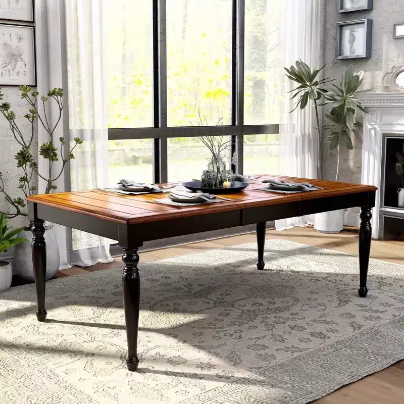 HOMES: Inside + Out Jameson Country Style Extendable Dining Table Black/Oak: Seats 8, Turned Leg
