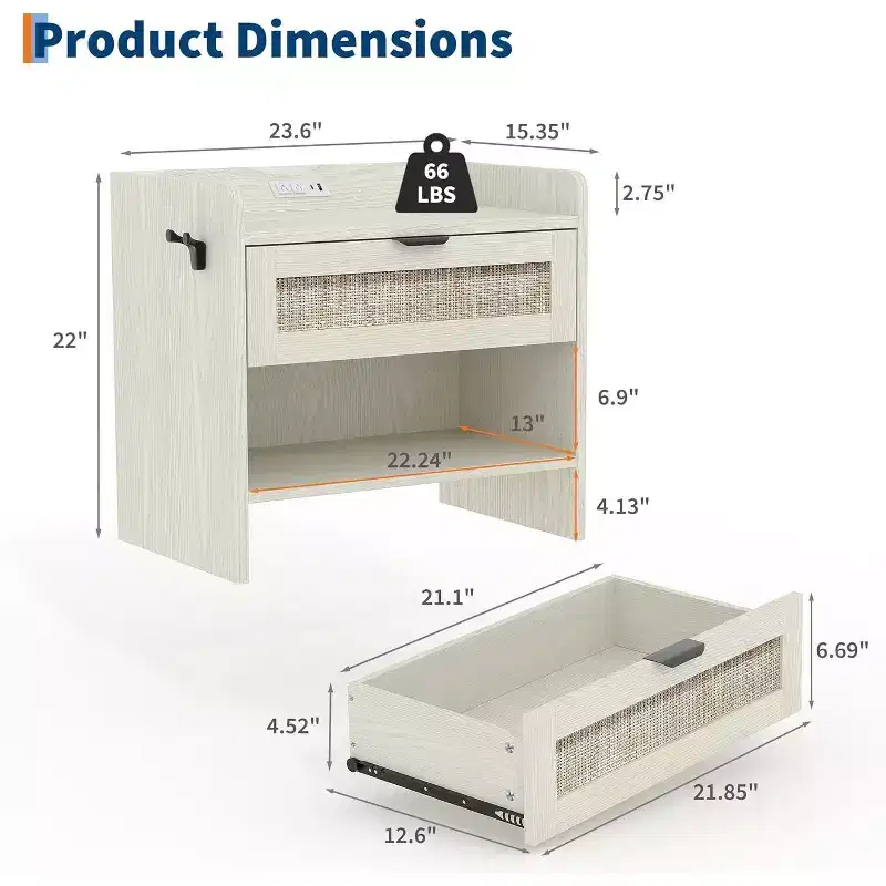 Rattan Nightstand, Bedside Table, Night Stand with Charging Station, 1 Storage Drawer and Open Storage Space, Suitable for Bedroom