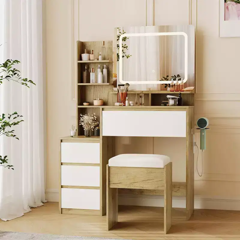 Vanity Desk with Mirror and Lights, Makeup Vanity with Power Outlet, Dressing Table with 4 Drawers, Storage Shelves & Stool for Bedroom