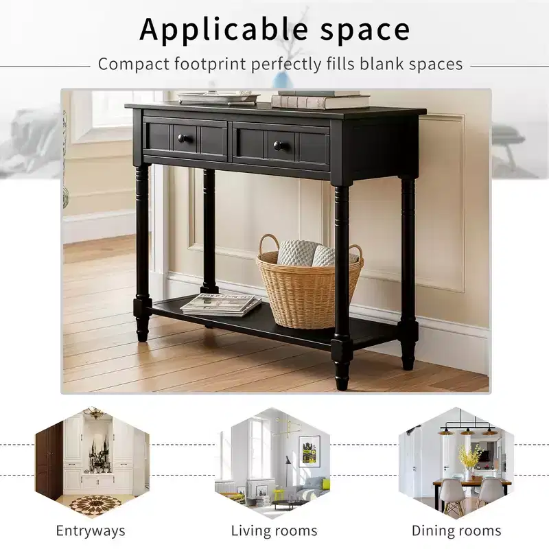 Traditional Entryway Console Table with 2 Drawers and Bottom Shelf, Solid Pine Wood