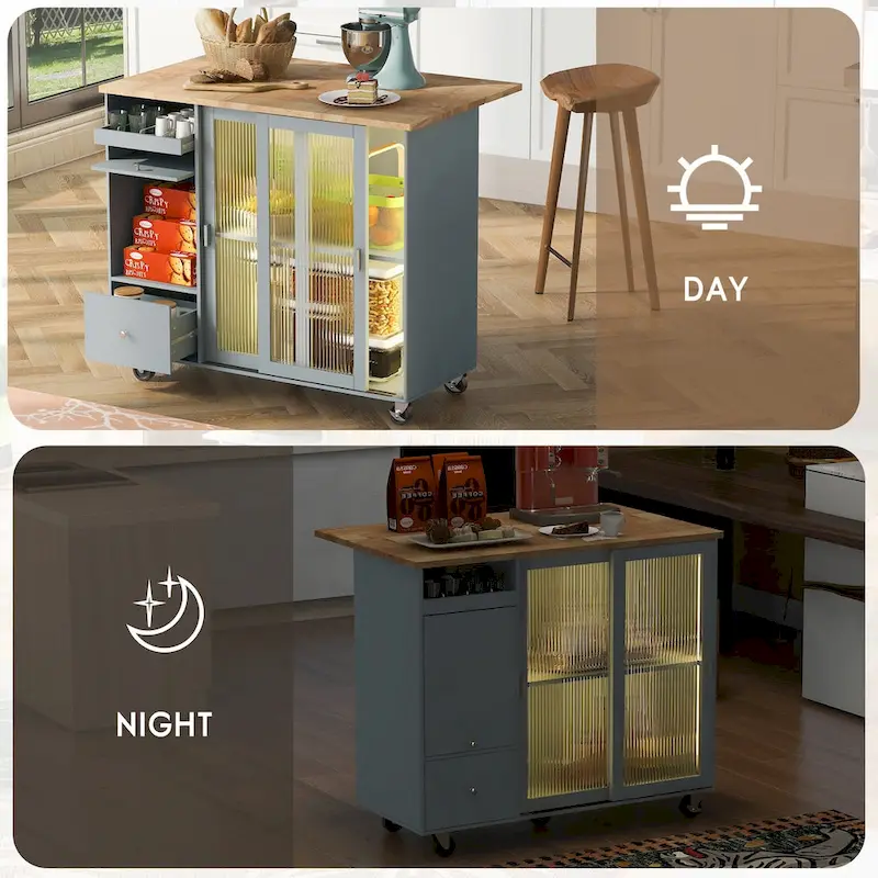 Kitchen Island with Drop Leaf and LED Light