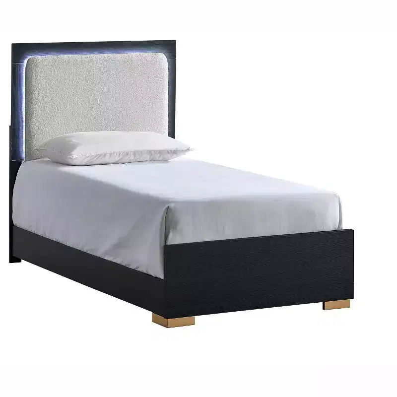 Passion Furniture Steeler Black and Gold Wood Frame Twin Panel Bed with LED Lighted Headboard