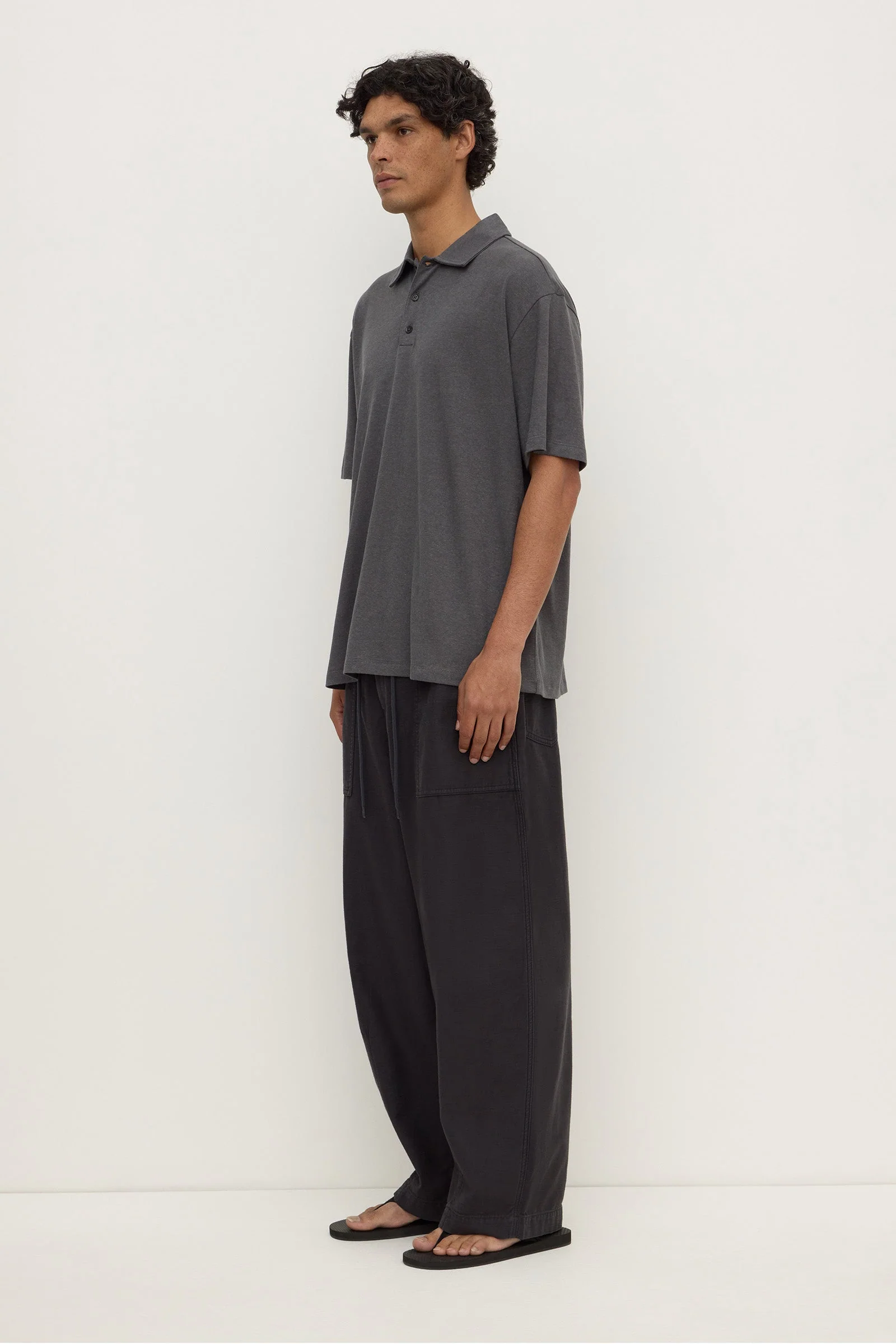 Washed Charcoal Hemp Cotton Knit Polo