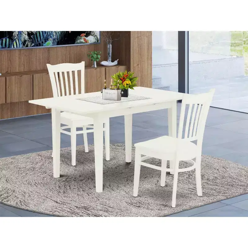 HomeStock 3-Pc Linen White Finish Rectangular Solid Wood Top With Butterfly Leaf Dining Table Set