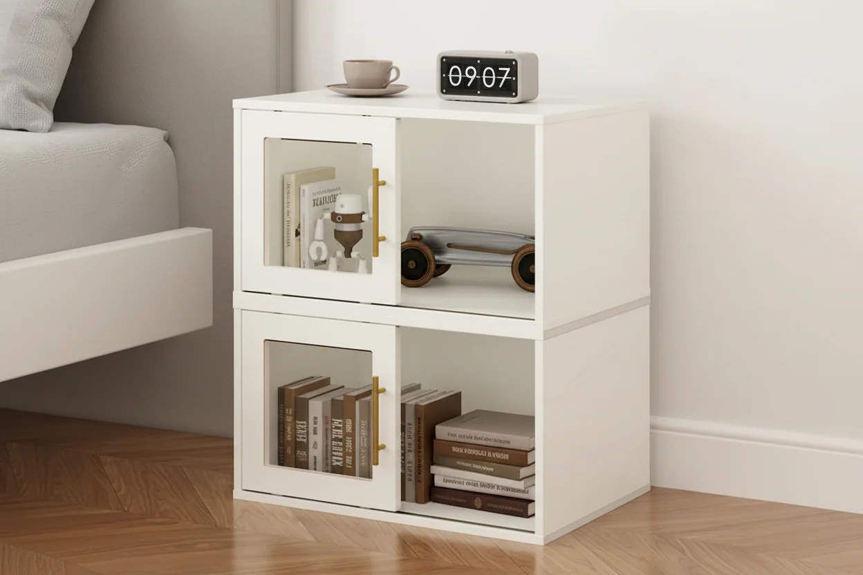 24-Cube Storage Organizer with Sliding Door – Beige, Wood Finish, Open Bookcase