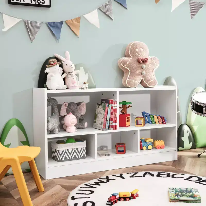 Kids 2-Shelf Bookcase, 5-Cube Wood Toy Storage Cabinet Organizer, White