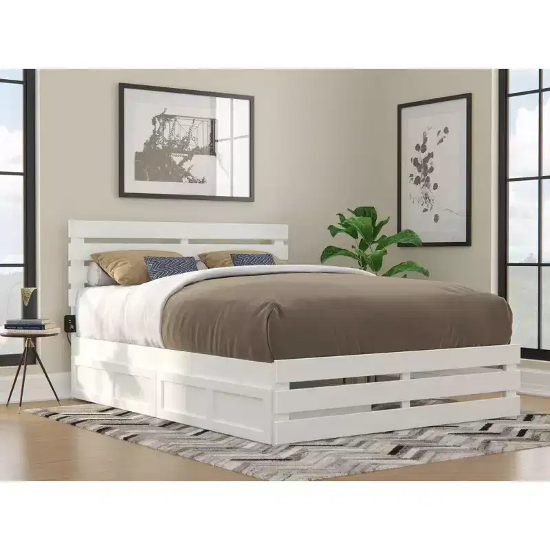 Queen Bed with Footboard, USB Turbo Charger & 2 XL Storage Drawers, White, Farmhouse Style, Painted Wood, Platform Design