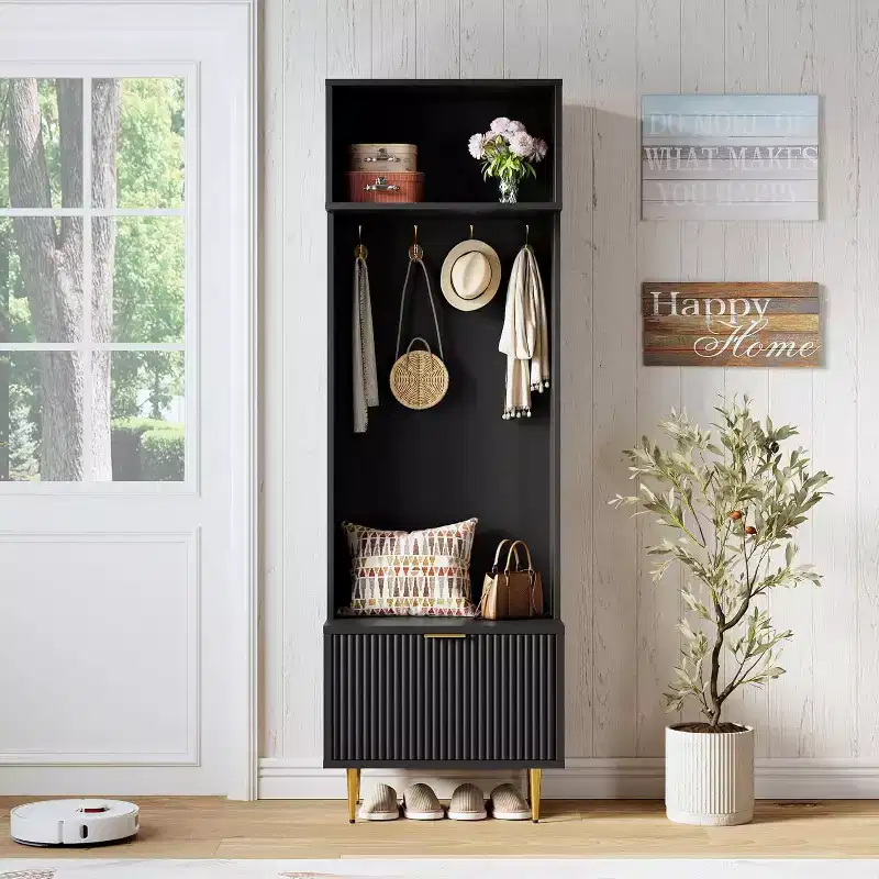 Hall Tree with Bench and Shoe Storage - 74 Tall Entryway Furniture with Top Shelf and 4 Metal Hooks, Coat Rack Cabinet Organizer
