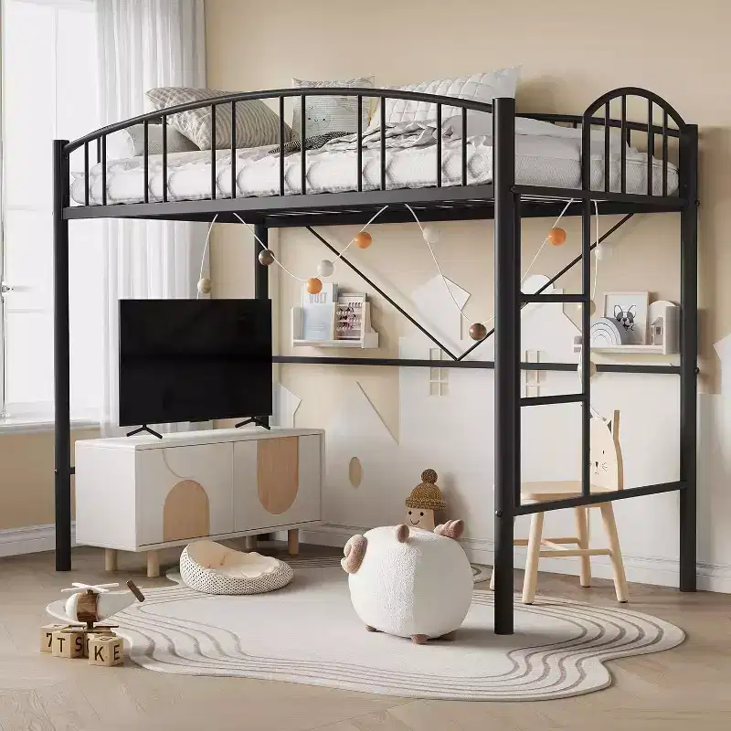 Acekool Twin Loft Bed Frame with Safety Ladder and Arched Guardrail, Metal Frame, Space-Saving, Quiet Design