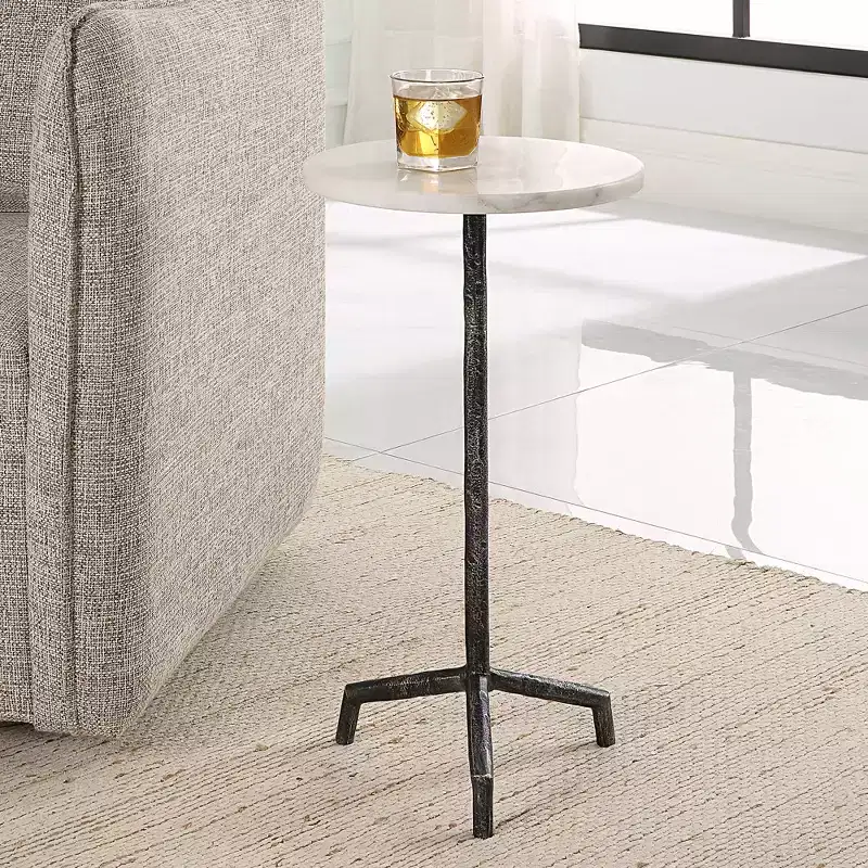 Uttermost Puritan 12W Aged Black Iron White Marble Round Drink Table