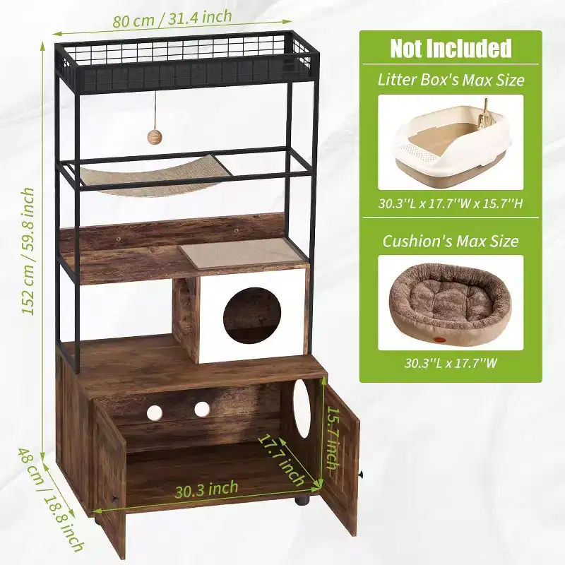 Large litter box enclosure w/ storage shelf, 60H hidden furniture, includes condo, hammock, scratching mat & play ball, retro brown