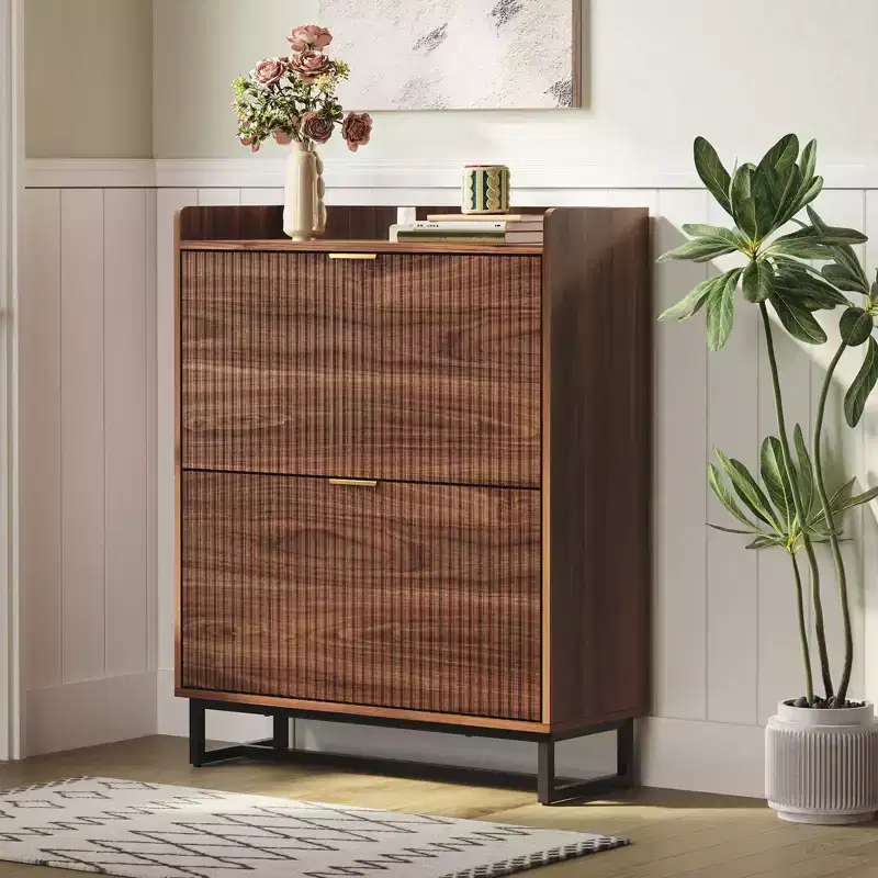 Narrow Fluted Shoe Cabinet with 2 Flip-Doors, Wood Hidden Storage Organizer in Walnut for Entryway (11.8 Deep)
