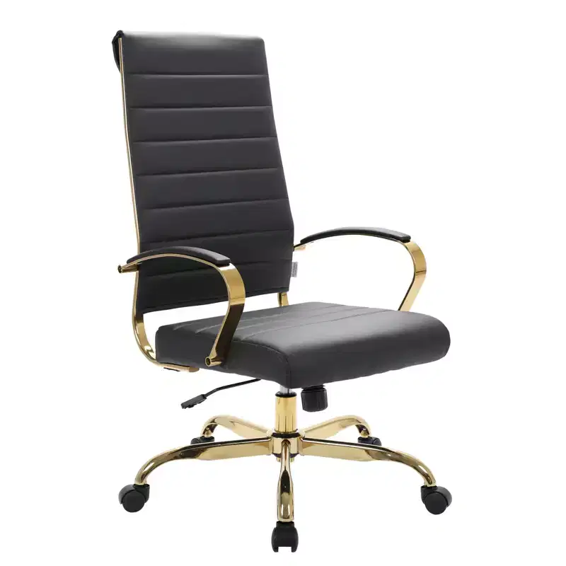 High-Back Ribbed Leather Office Chair Modern Swivel & Tilt Executive Desk Chair Gold Base