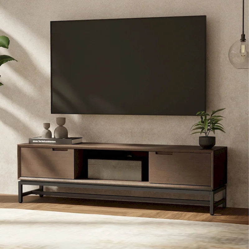 SOLID HARDWOOD 72 inch Wide Modern Industrial TV Media Stand in Walnut Brown For TVs up to 80 inches