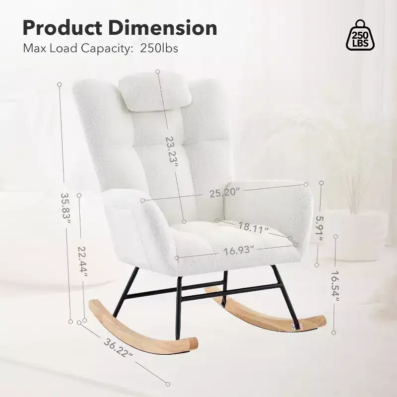 Rocking Chair Nursery Teddy Upholstered Glider Rocker Rocking Accent Chair Padded Seat with High Backrest for Living Room