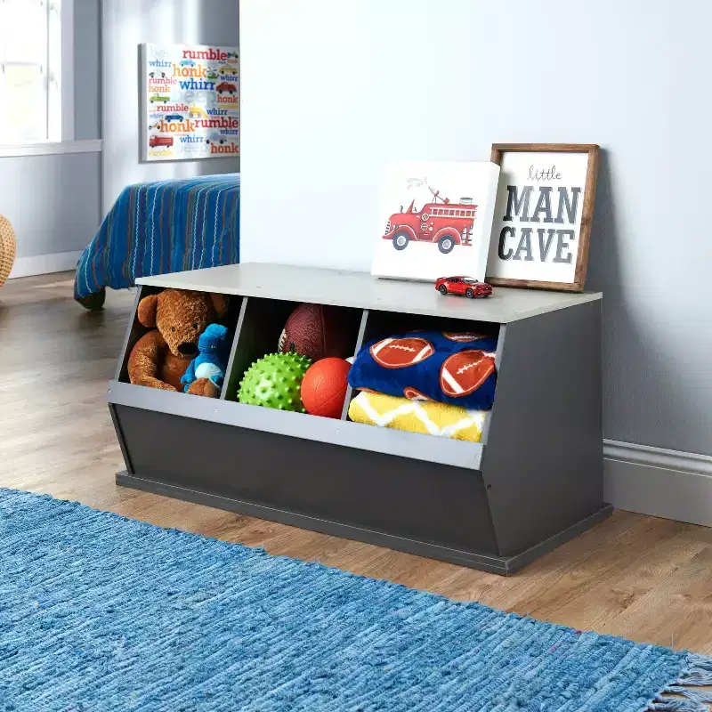 Badger Basket 3 Bin Stackable Storage Cubby Charcoal/Gray Woodgrain: MDF Toy Storage Shelf, Enclosed Back, 80 lb Capacity