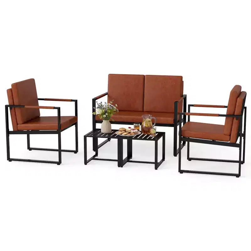Costway 5 PCS Living Room Set with Loveseat, 2 Accent Chairs, 2 Coffee Tables, Cushions Gray/Brown + Black