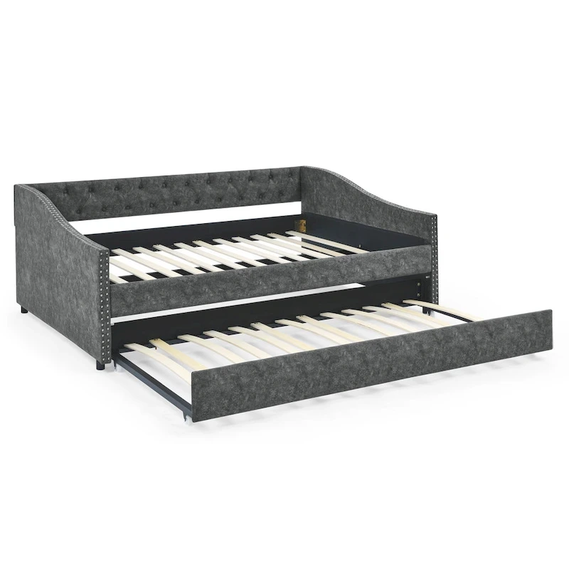 Upholstered Daybed Frame with Trundle & Tufted Backrest