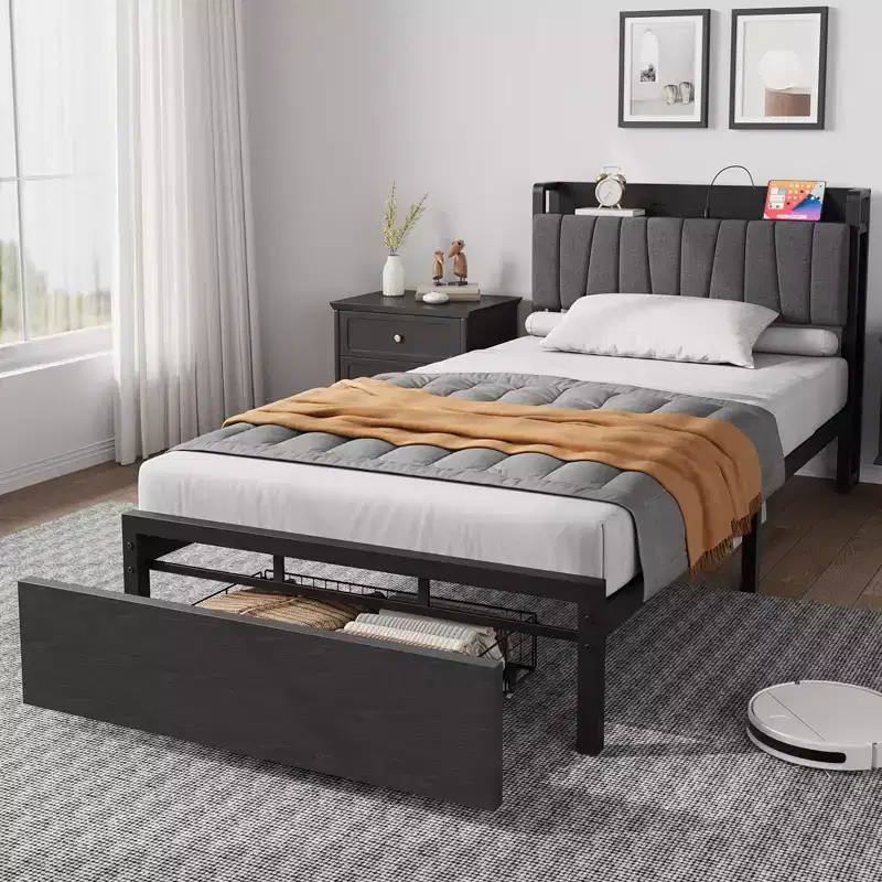 Platform Bed Frame with 2 Storage Drawers  Upholstered Headboard  Built-In Charging Station  Sturdy Metal Slats, No Box Seasonal Needed