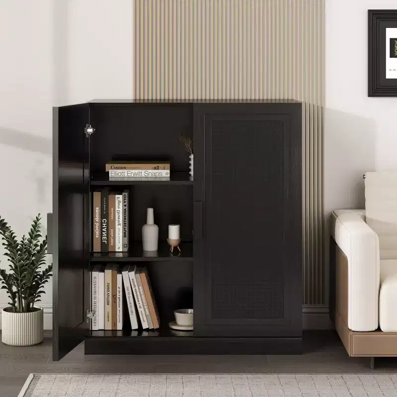 Black Wood Grain Storage Cabinet (Double Opening Wicker Doors)
