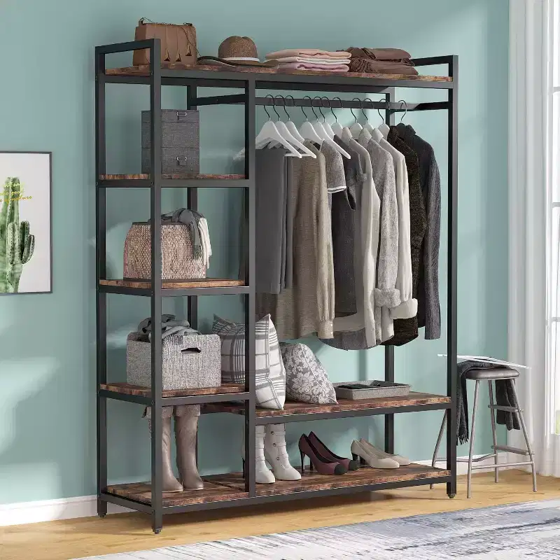 Lantine Freestanding Closet Organizer, Heavy Duty Clothes Closet, Portable Garment Rack with 6 Shelves and Hanging rod