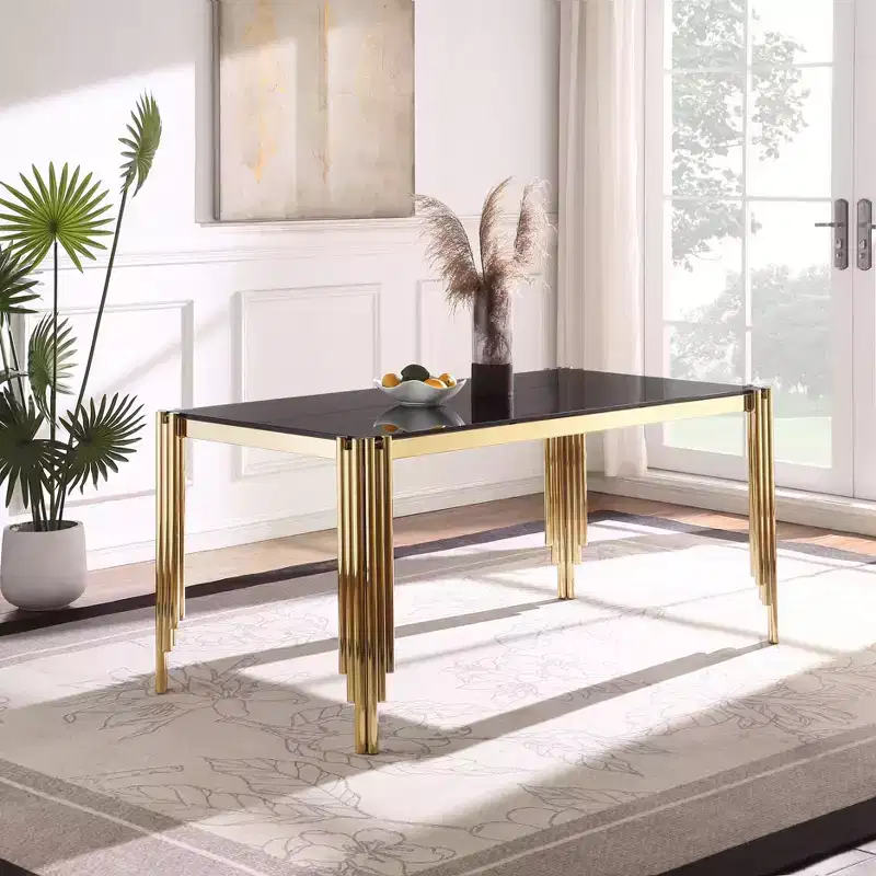 Okak Dining Table Rectangle/Round Tempered Glass Dining Table with Polished Gold Legs for Home, Kitchen, Dining Room