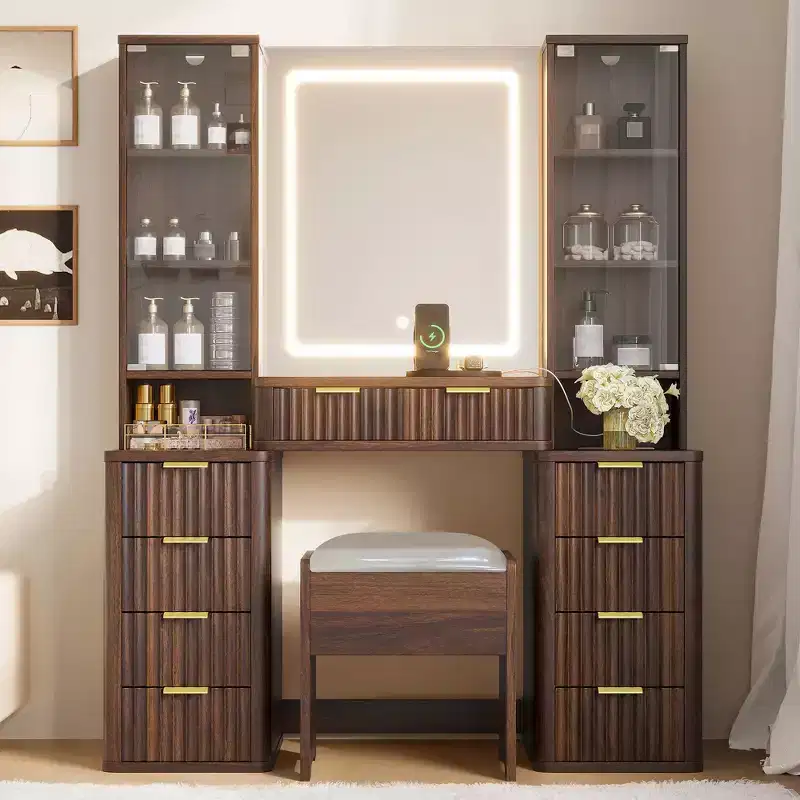 JVNOXK 43.5-inch Modern Vanity Set with Mirror and Light, Featuring Drawers and Clear Glass Cabinet, Includes Stool and Charging Station, Brown