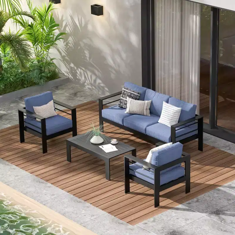 Heynemo Aluminum Outdoor Patio Furniture Set, 4 Pcs Modern Outdoor Conversation Set Sectional Sofa with Cushion and Coffee Table for Balcony