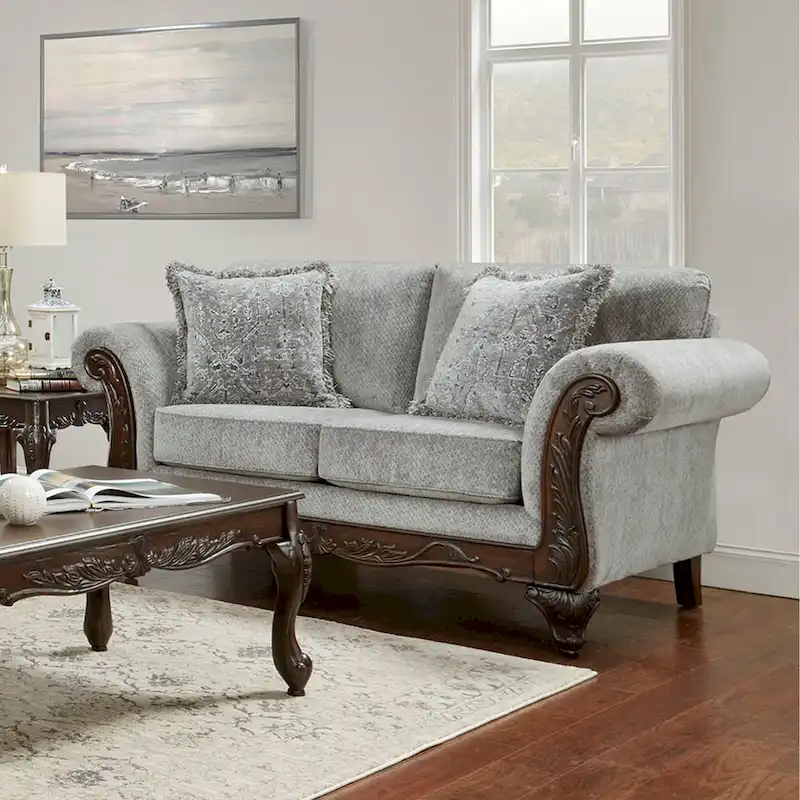 Roundhill Furniture Hernen Carved Wood Frame Loveseat