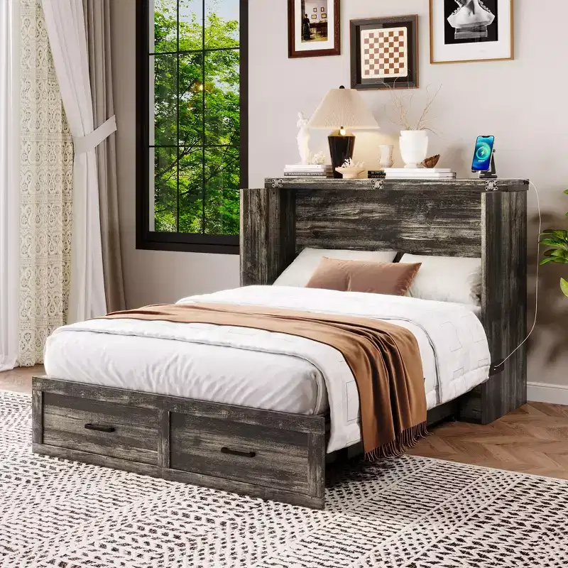Foldable Murphy Bed with Charging Station and Storage Drawer