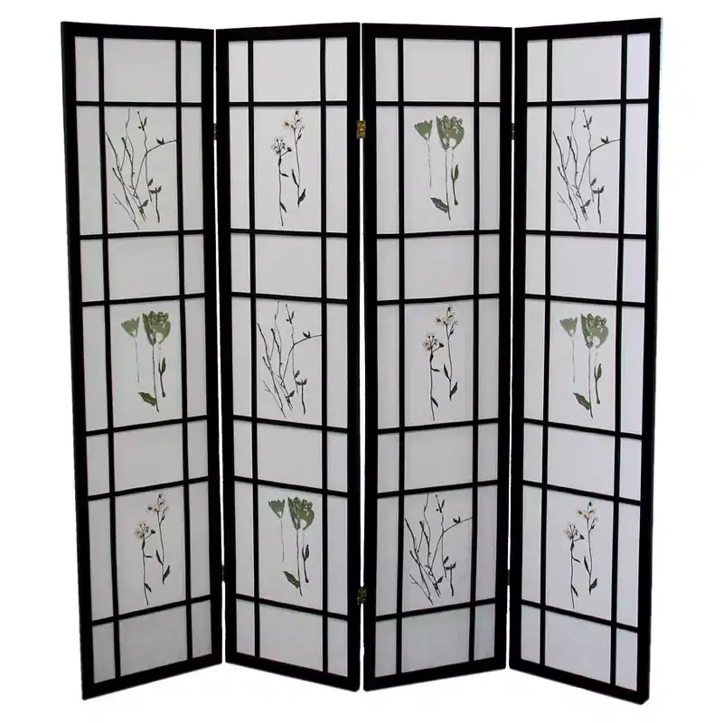 4 Panel Room Divider Border Cherry - Ore International: No Assembly, 70" x 60" Black Botanical Print