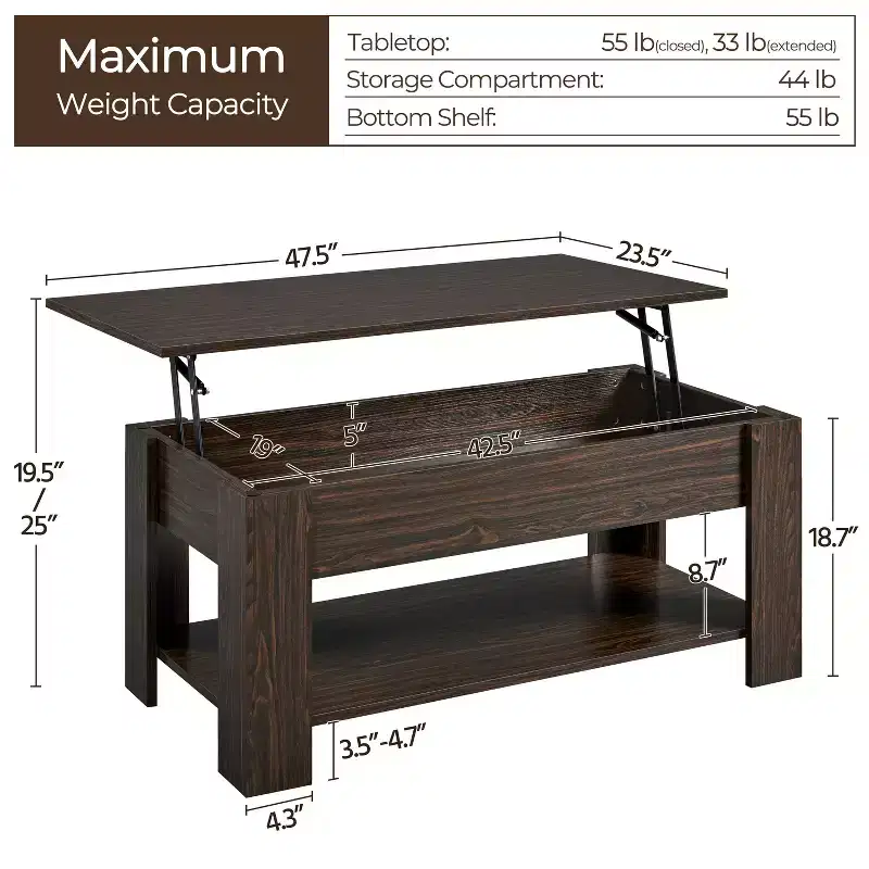 Lift Top Coffee Table with Hidden Compartment & Open Shelf For Living Room