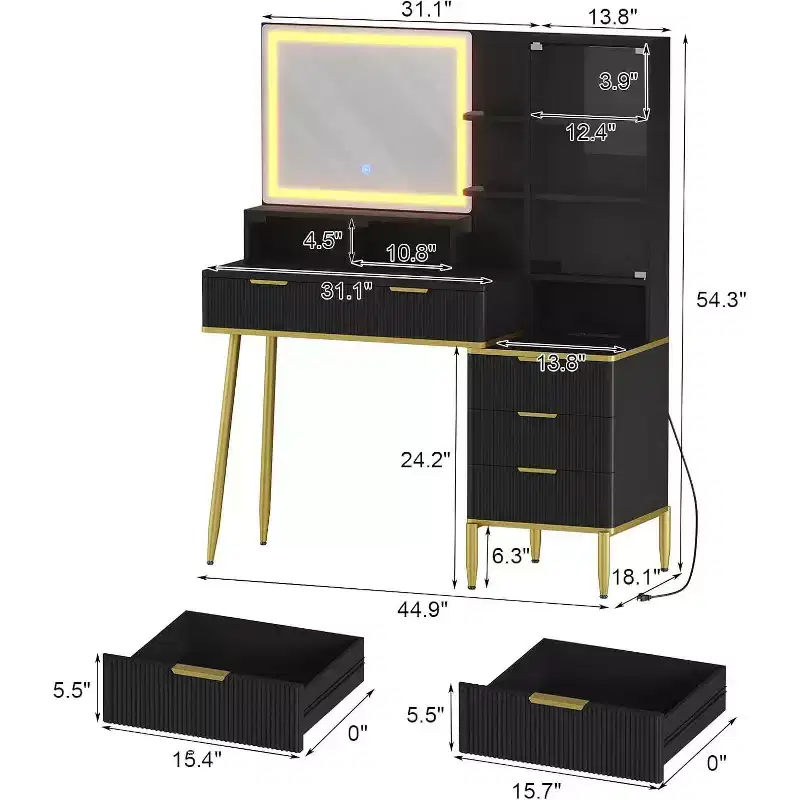 Bedroom Dresser with Light and Power Outlet, Wooden Storage Shelf with 5 Drawers, Modern Alcove Design, Perfect for Bedroom or Dressing Room