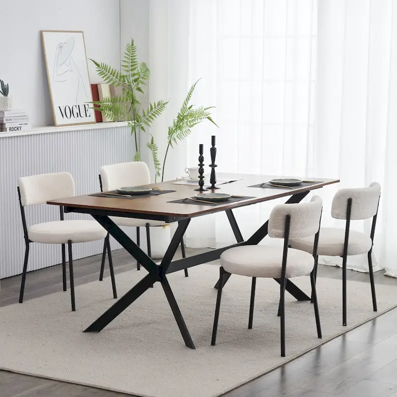 White / Black Upholstered Dining Chair with Metal Frame, Set of 4