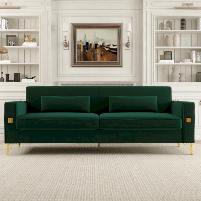 Modern 85.63 Velvet 3-seater Sofa with Gold Accents and Plush Cushions for Living Room