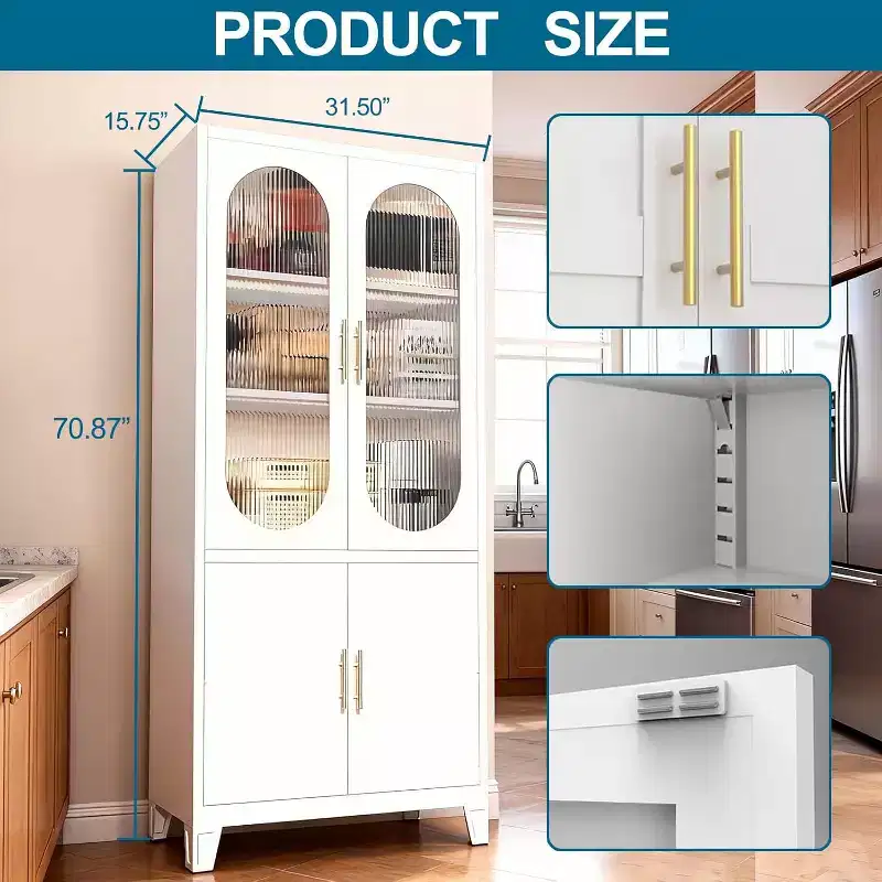 Storage Cabinet with Fluted Glass Doors, 71 Metal Accent Pantry for Kitchen, Dining Room Food Storage Cabinet, Modern Kitchen Cupboard