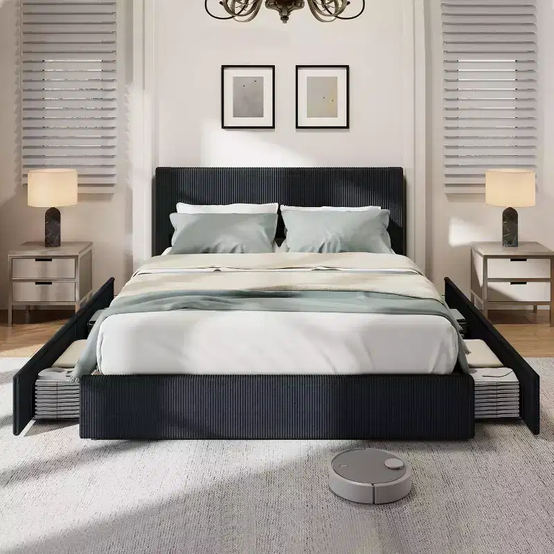 Full/ Queen/King Size Platform Bed Frame with Tufted Wingback Headboard, Corduroy Upholstered, 4 Storage Drawers, Wooden Slats, No Box Spring Needed