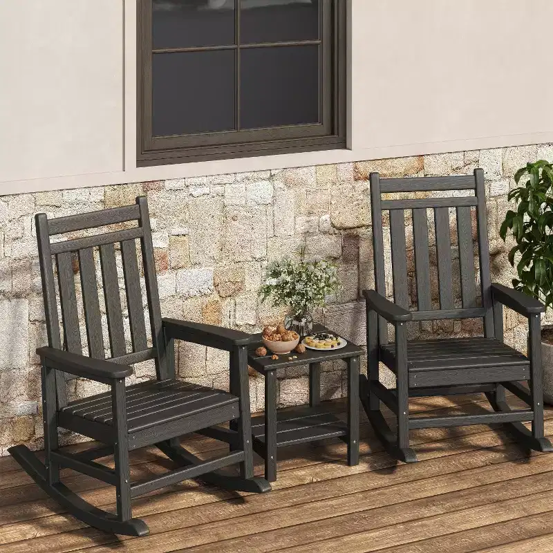 HDPE Rocking Chair Set of 2 with 1 Side Table, Adirondack Rocking Chair with High Back, All Weather Resistant Furniture Set for Porch, Garden