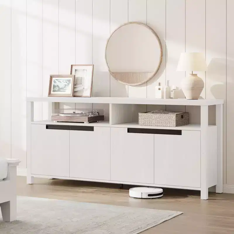 63 Farmhouse TV Stand for TVs Up to 65, Long Entertainment Center with 4 Doors & Open Shelf, for Living Room, Bedroom