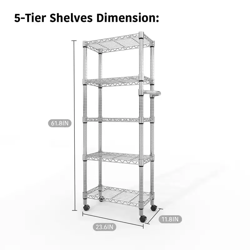 5-Tier Metal Storage Shelves with Wheels & Handle – Adjustable Wire Rack, 1100 lbs Capacity, Silver