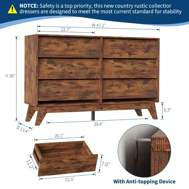 COZONY 47 Wide 6-Drawer Dresser, Freestanding Horizontal Storage Chest for Living Room, Bedroom & Entryway