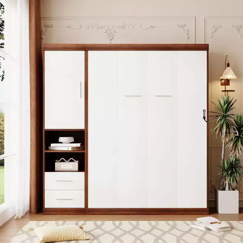 Full/Twin Size Murphy Bed Wall Bed with Cabinet, White+Walnut-ModernLuxe