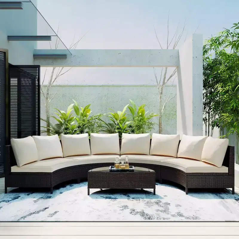 Whisen Pieces Outdoor PE Rattan Wicker Sofa Set, Patio Half-Moon Sofa Set with Tempered Glass Table