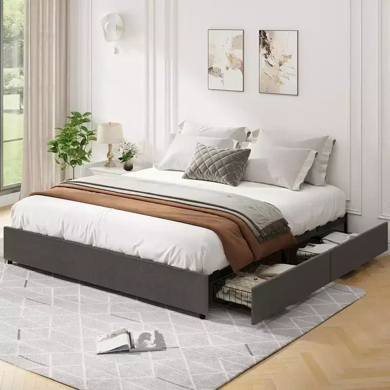 Upholstered Platform Bed Frame with 4 Storage Drawers, No Box Spring Needed