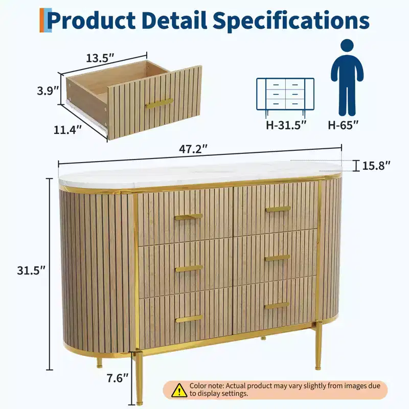 Fluted 6 Drawer Dresser, 47.2in Wide Mid Century Modern Wooden Chest of Drawers with Curved Profile Design and Gold Handles for Bedroom Closet