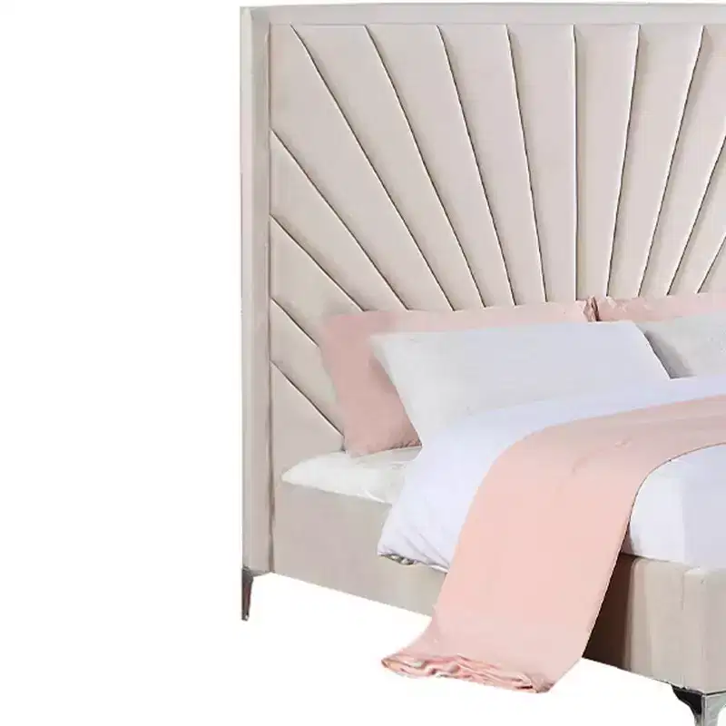 87 Queen Bed Faiz Bed Beige Velvet - Acme Furniture: Sunburst Channel-Tufted, Metal Feet, No Box Spring Needed