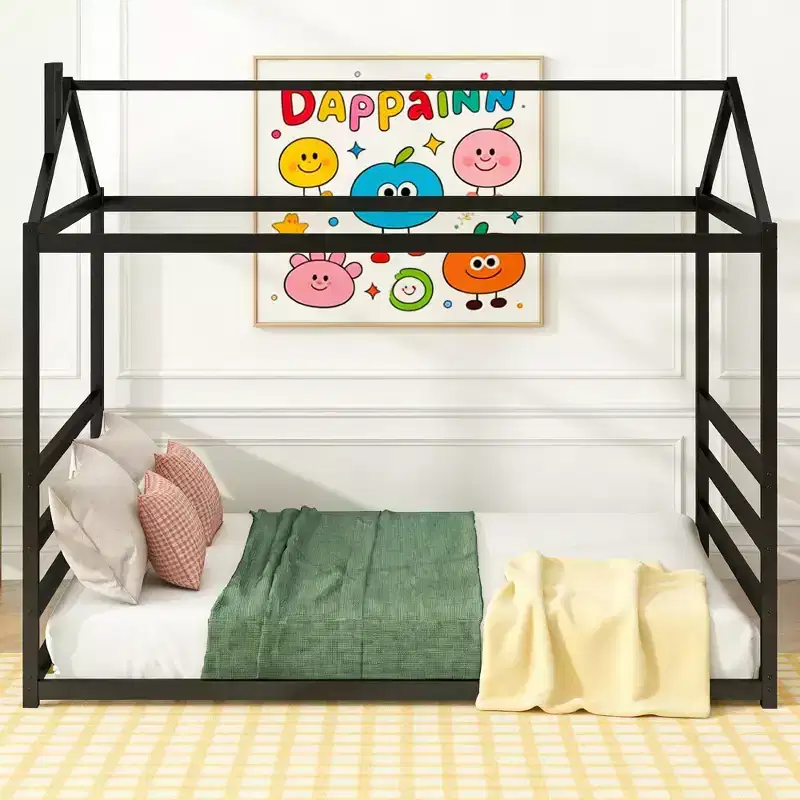 Queen Size Metal House Shape Bed, Black
