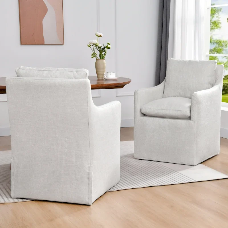 Linen 25 Upholstered Swiveling Rolling Dining Chairs with Casters